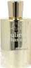 A gold perfume bottle with white decorative elements and text. Voir les images du produit