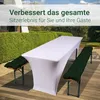 A white table with a fitted tablecloth and two dark green bench cushions on wooden decking, with a manicured hedge and building in the background. Produktbild-Vorschau