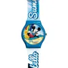 A Mickey Mouse watch with a blue casing and a strap that says 'Hello Summer'. The watch face shows Mickey Mouse surfing. Produktbild-Vorschau