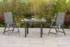 A garden furniture set consisting of a table and two chairs, placed on a patio with a garden in the background. Produktbild-Vorschau