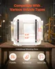 A transparent product is shown on a table in a warehouse-like setting, with forklift and construction equipment in the background. Dimensions are overlaid on the product. Voir les images du produit