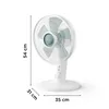 A white table fan with measurements indicated, shown on a white background. Náhľad obrázku produktu