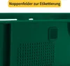 A close-up of a green plastic crate with text indicating its features. Produktbild-Vorschau
