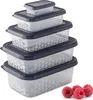 A set of five clear plastic food storage containers with dark gray lids, stacked on a white background. Three raspberries are in the lower right corner. Náhľad obrázku produktu