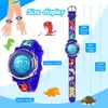 A size display chart for a children's watch, featuring illustrations of dinosaurs and measurements. Produktbild-Vorschau