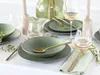 A beautifully set dining table with green stoneware plates, gold cutlery, and glasses of white wine, suggesting a meal or gathering. Náhľad obrázku produktu