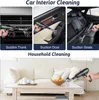 Collage showing a handheld vacuum cleaner being used for car interior cleaning (trunk, door, seats) and household cleaning (sofa). Produktbild-Vorschau