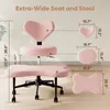 A pink ergonomic meditation chair with various accessories and dimensions shown. Produktbild-Vorschau
