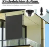 A retractable awning installed on a balcony, with close-up insets showing mounting hardware. Anteprima dell’immagine prodotto