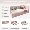 A collage of a pink velvet daybed with different configurations and features highlighted. The top section shows the daybed in a living room setting with cushions and a throw. The bottom section shows three smaller images demonstrating its use as an expande Podgląd zdjęcia produktu