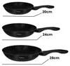 Three black frying pans of different sizes are displayed side-by-side against a white background, with their respective diameters indicated by lines and text. Podgląd zdjęcia produktu