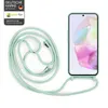 A mint green smartphone case with a matching lanyard is displayed next to a smartphone showing a colorful abstract image on its screen. Produktbild-Vorschau