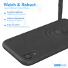 A black silicone phone case is shown with liquid black material pouring onto it, creating ripples. Text overlays describe the features of the case. Produktbild-Vorschau