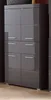 A tall, narrow gray cabinet with multiple doors and drawers, set against a dark background and on a wooden floor. Produktbild-Vorschau