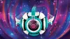 A LEGO spaceship with a spherical body, teal and white accents, and a pink central element, set against a swirling, star-filled cosmic background. Náhled obrázku produktu