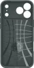 The back of a dark gray phone case with a grid pattern and a circular logo. Voir les images du produit
