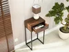 A narrow console table with a drawer open, placed next to wooden blinds and a potted plant. Náhled obrázku produktu