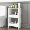 A white rolling storage cart with two shelves is placed next to a toilet in a bathroom. Voir les images du produit