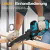 A person wearing work gloves is using a cordless mini chainsaw to cut a wooden plank. Produktbild-Vorschau