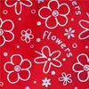 A red fabric with a repeating pattern of white and light blue flowers and dots. The word 'flowers' is written in light blue cursive text. Anteprima dell’immagine prodotto