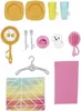 A collection of miniature accessories for a dollhouse, including plates, cups, cutlery, a dog, a brush, a hanger, and a blanket. Produktbild-Vorschau