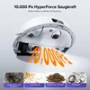 A robot vacuum cleaner's underside is shown, with orange graphics indicating suction power and examples of debris it can clean. Produktbild-Vorschau