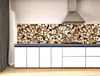 A modern kitchen with white cabinets and a backsplash featuring a realistic wood log pattern. A stainless steel range hood is mounted above the backsplash. Produktbild-Vorschau