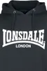 A close-up of a black hoodie with the Lonsdale London logo and text printed on the front. Produktbild-Vorschau