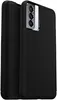 A black leather flip case for a Samsung Galaxy S21+ 5G phone is shown from a side angle, with the phone partially visible inside. Produktbild-Vorschau