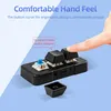 A hand is pressing on a mechanical keyboard switch. The product is shown with text highlighting its features. Produktbild-Vorschau