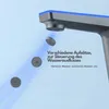 A close-up of a modern faucet with several interchangeable aerators shown falling from it, against a light blue background with blue light effects. Produktbild-Vorschau
