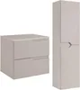 A beige bathroom cabinet set, including a tall cabinet and a vanity unit, is displayed against a white background. Produktbild-Vorschau