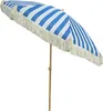 A striped beach umbrella with fringe on a white background. Produktbild-Vorschau