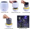 A collage of images showing the assembly and projection effect of a star projector night light. Produktbild-Vorschau