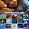 A collage of images depicting various natural sounds and scenes, overlaid with text promoting sleep aid white noise. Náhled obrázku produktu