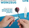 Hands holding dart accessories and a dart, with marketing text and a logo. Anteprima dell’immagine prodotto