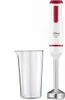 A white and red electric hand blender with a stainless steel base and a clear measuring cup. Voir les images du produit