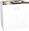 A white sink cabinet with a double stainless steel sink on top, set against a white background. Voir les images du produit