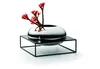 A silver vase with red flowers on a black stand, isolated on a white background. Produktbild-Vorschau