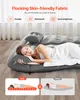 A woman sleeping on an inflatable mattress with text and diagrams highlighting product features. Produktbild-Vorschau