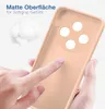 A hand is touching a peach-colored phone case, highlighting its matte surface and soft grip. Produktbild-Vorschau