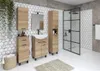 A modern bathroom with a vanity, sink, mirror, and shower. Produktbild-Vorschau