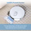 A white robot vacuum cleaner is shown on a textured floor, with a grid overlay and text highlighting its suction power. Produktbild-Vorschau