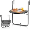 A balcony table and a hanging basket are displayed against a white background. The table has a breakfast tray with croissants, strawberries, coffee, and orange juice on it. Produktbild-Vorschau