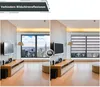 A split image showing a living room with a TV and a window view. The left side shows glare on the TV screen due to the window, while the right side shows the same room with blinds covering the window, reducing glare. Produktbild-Vorschau