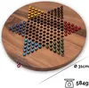 A round wooden Chinese Checkers board with colorful marbles arranged in the starting positions. Produktbild-Vorschau