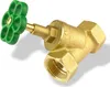 A close-up studio shot of a brass shut-off valve with a green handle. Produktbild-Vorschau