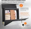 A dark gray mailbox is shown with its front door open, displaying mail inside. Text overlays describe its features. Náhled obrázku produktu