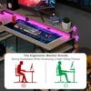 A gaming desk setup with RGB lighting, a keyboard, mouse, and monitor stand, along with an infographic about ergonomic posture. Anteprima dell’immagine prodotto