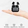 A hand holding a pair of black wireless earbuds in their charging case, with icons and text below. Produktbild-Vorschau